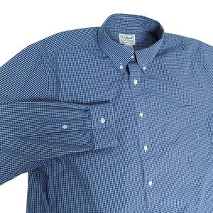 L.L.Bean Gingham Check Shirt Mens 16-35 Blue Slightly Fitted Casual Cotton
